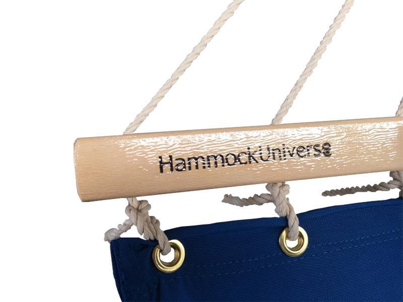 Blue olefin hammock with wooden spreader bar and Hammock Universe branding