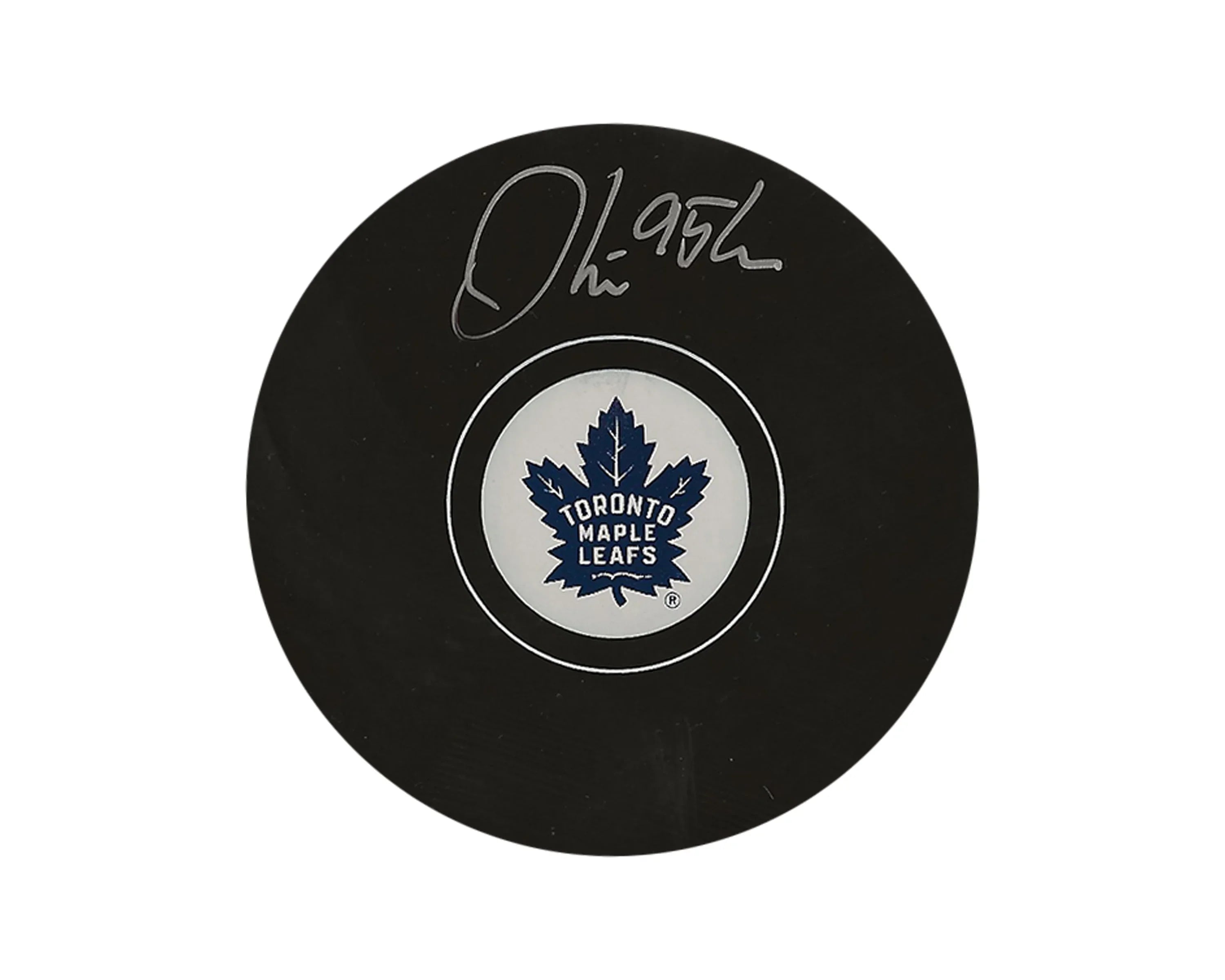 Autographed Toronto Maple Leafs hockey puck with team logo on white background