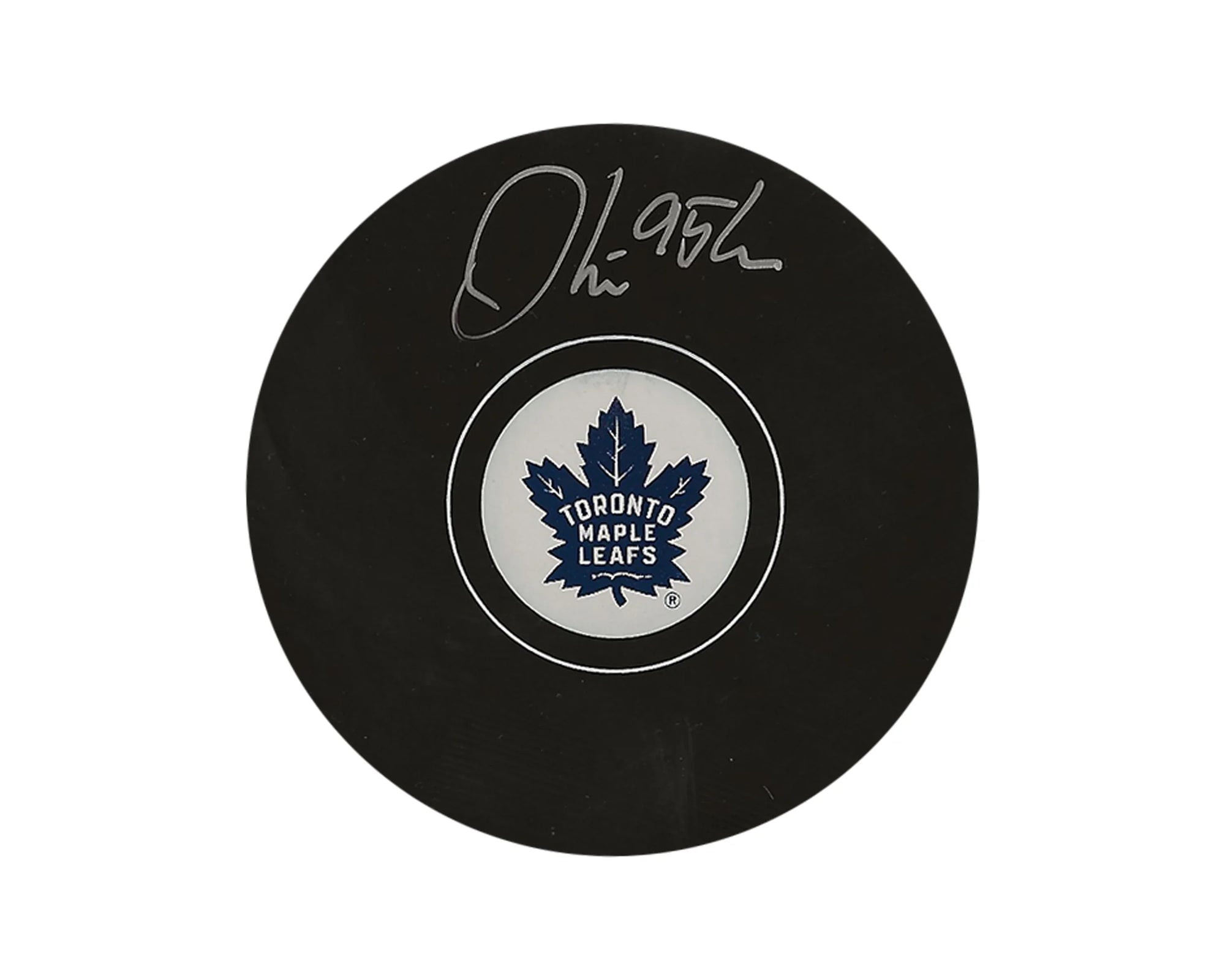 Autographed Toronto Maple Leafs hockey puck with team logo on white background