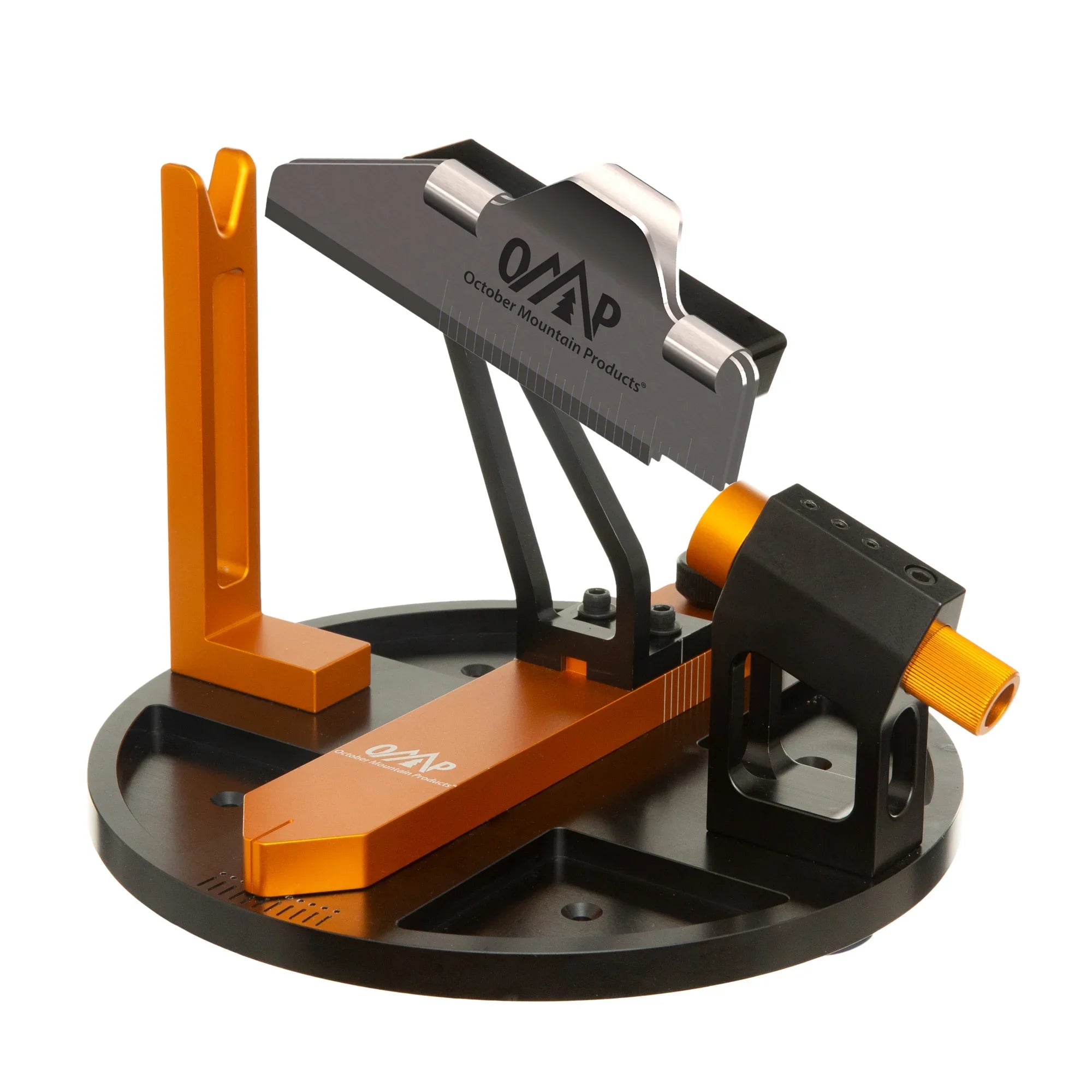 October Mountain Products arrow squaring tool with orange and black metal parts on a round base