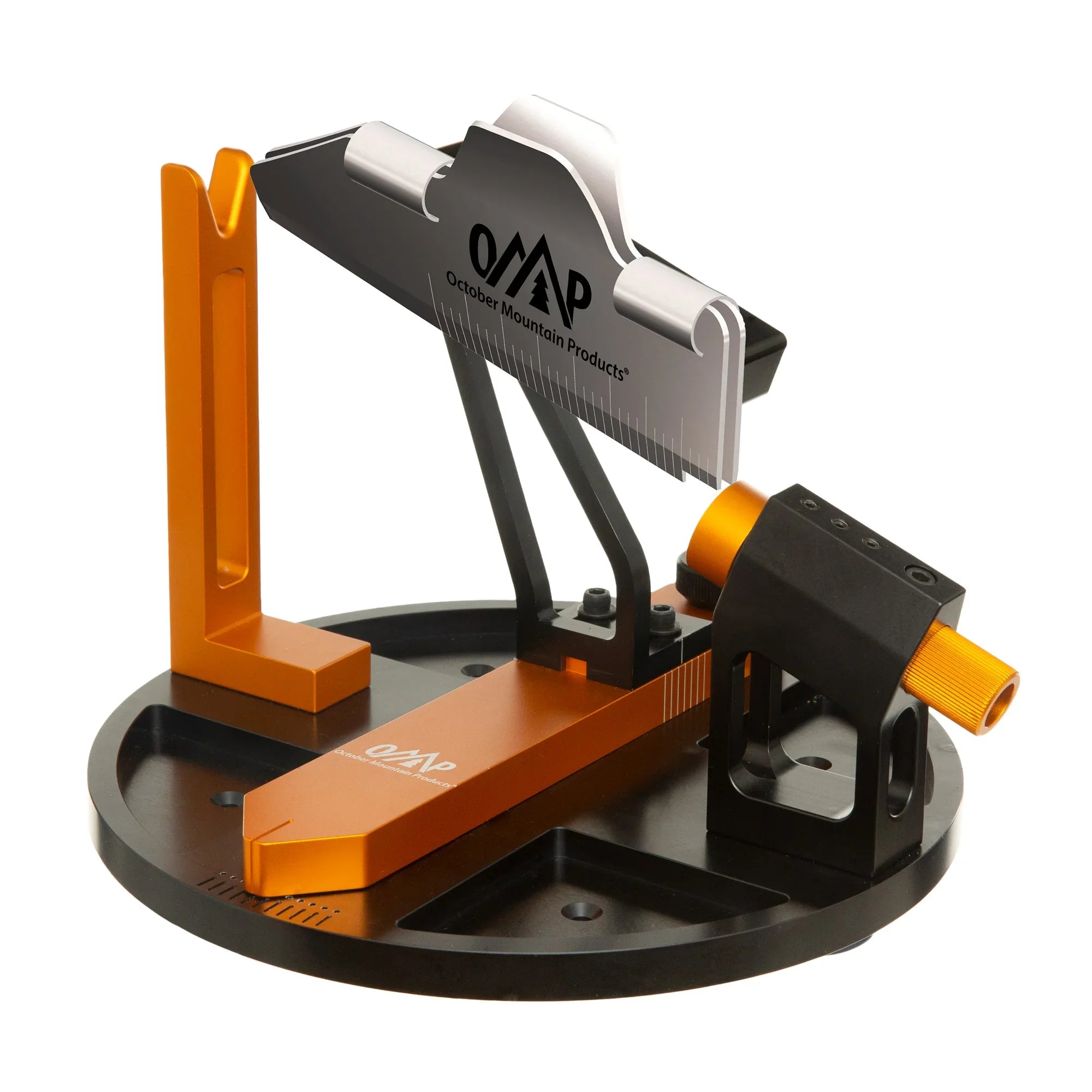 October Mountain Products arrow saw tool with orange and black base, metal ruler blade