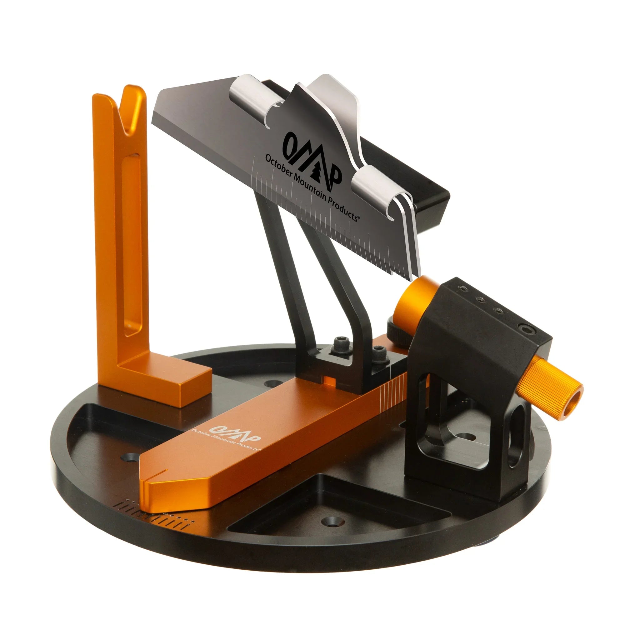 October Mountain Products arrow saw with metal base and adjustable orange guides