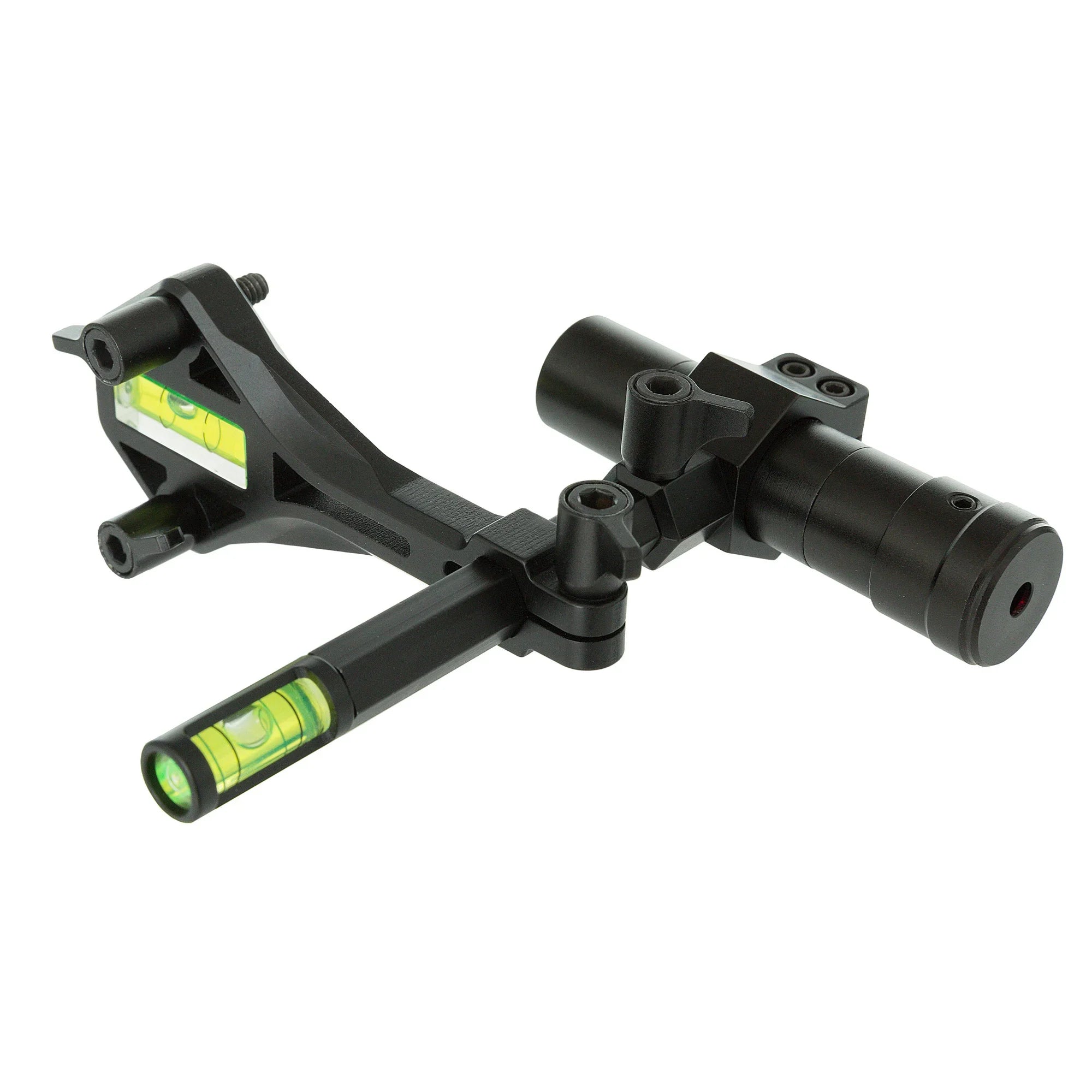 Archery bow sight with bubble levels and laser alignment tool on white background