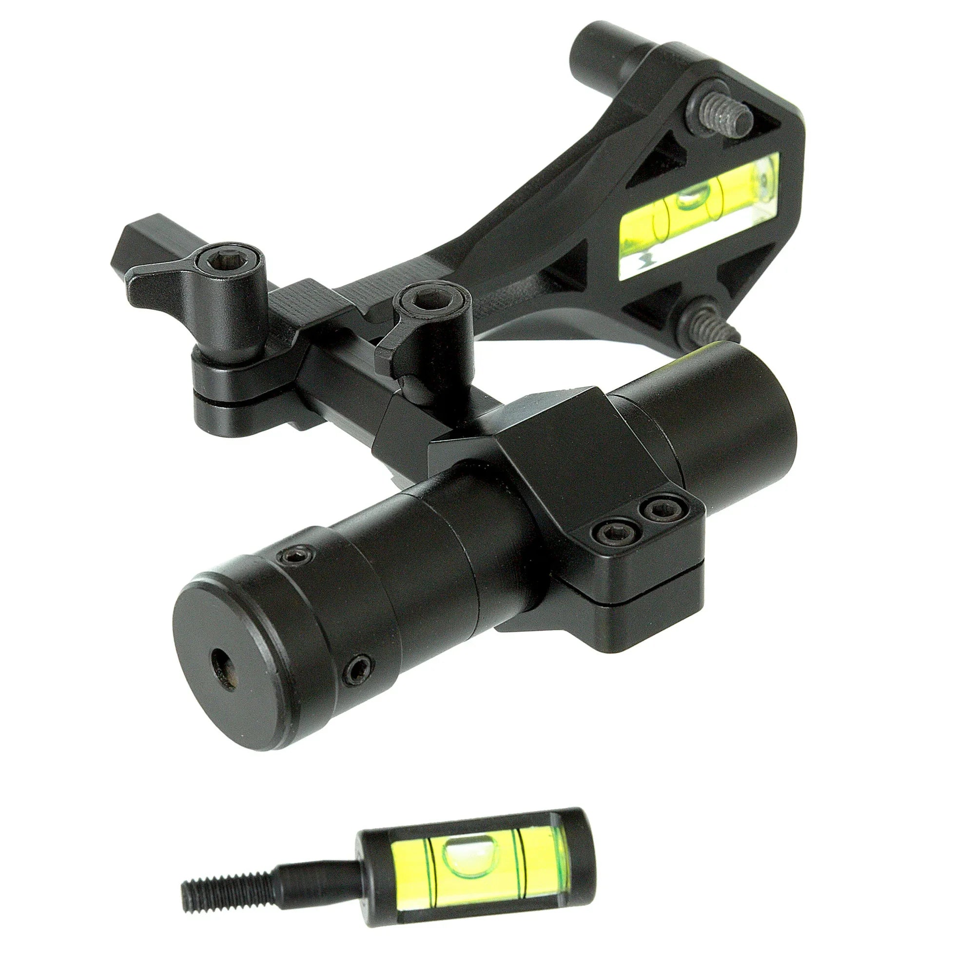 Black archery sight with laser and spirit level, isolated on white background