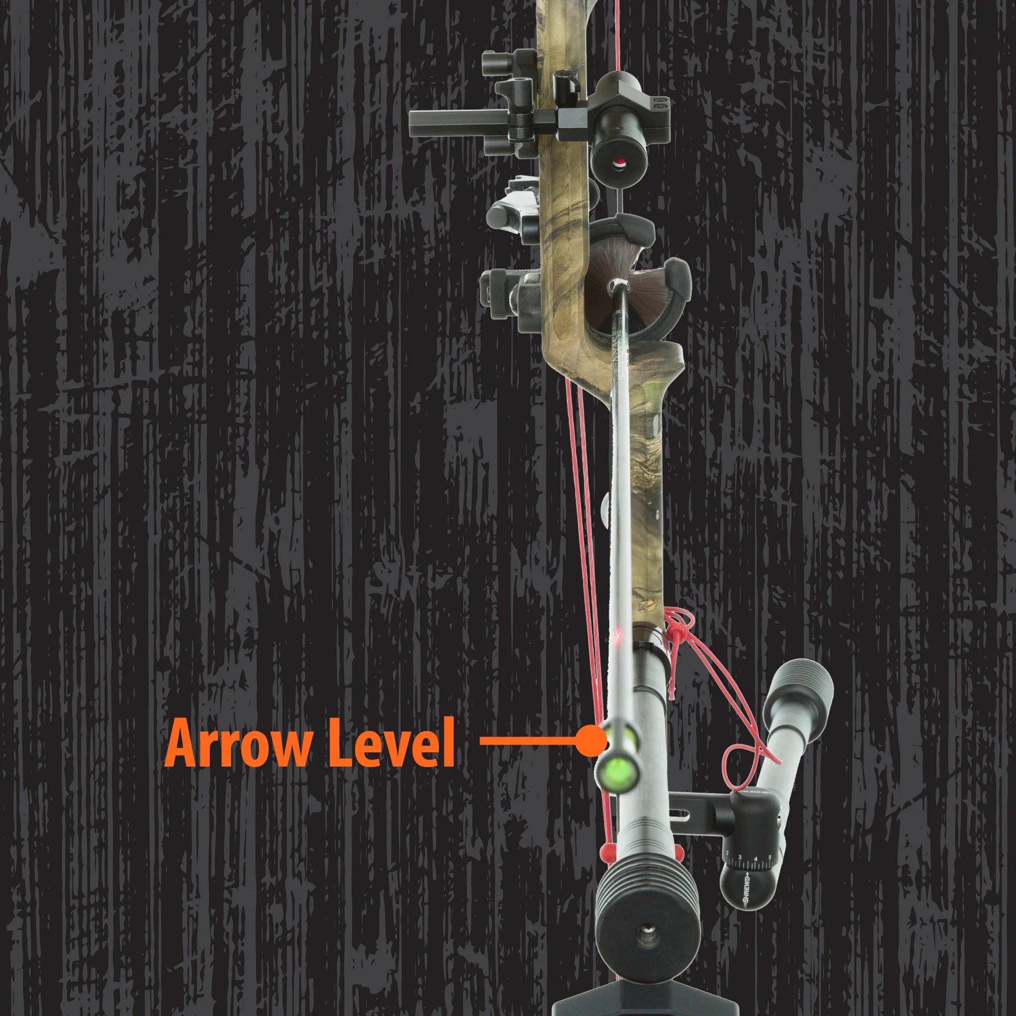 Compound bow with mounted arrow and labeled arrow level gauge, archery equipment close-up