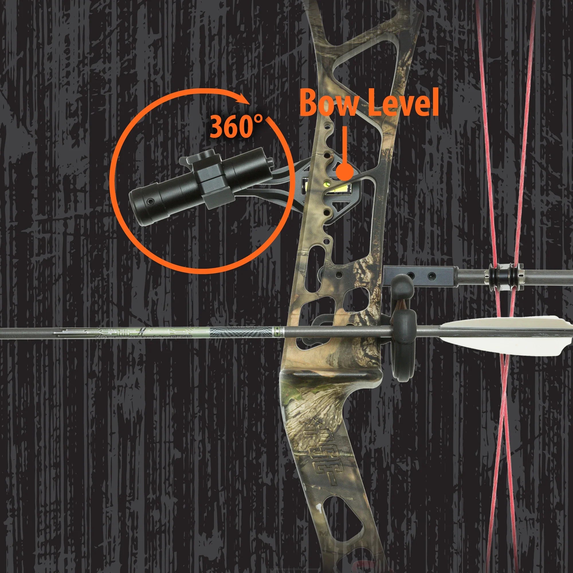 Compound bow with arrow rest, bow level, and 360° laser alignment tool highlighted