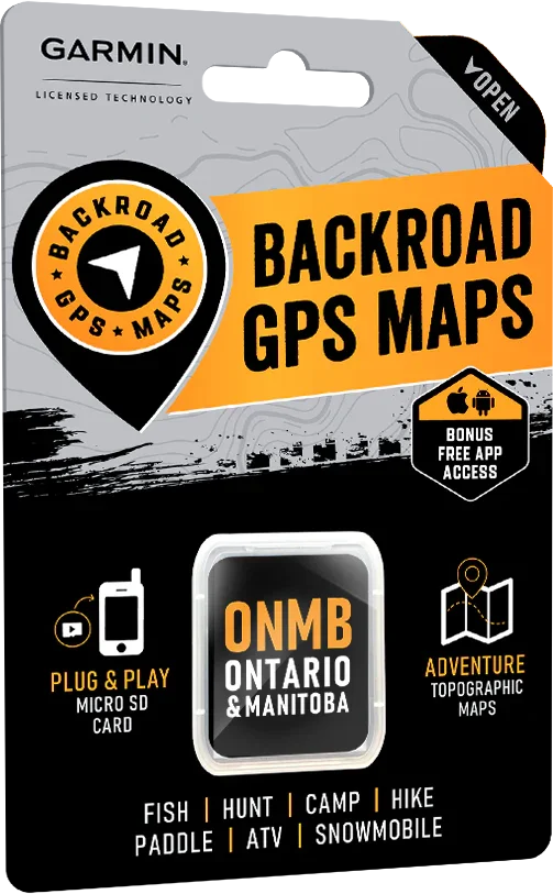 Backroad GPS Maps Ontario Manitoba package for Garmin, featuring micro SD card and app access.