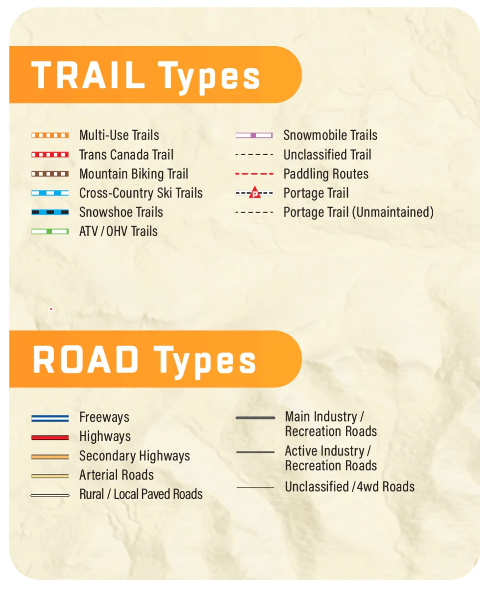 Ontario Manitoba Backroad Mapbooks trail and road types legend with color-coded symbols