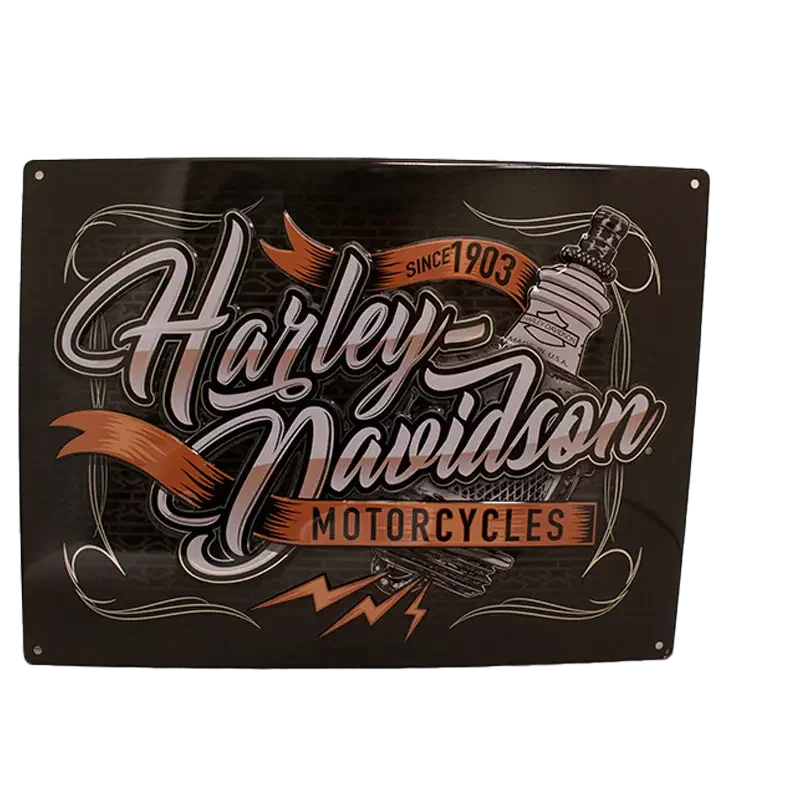Harley-Davidson spark plug vintage metal sign with orange and white lettering