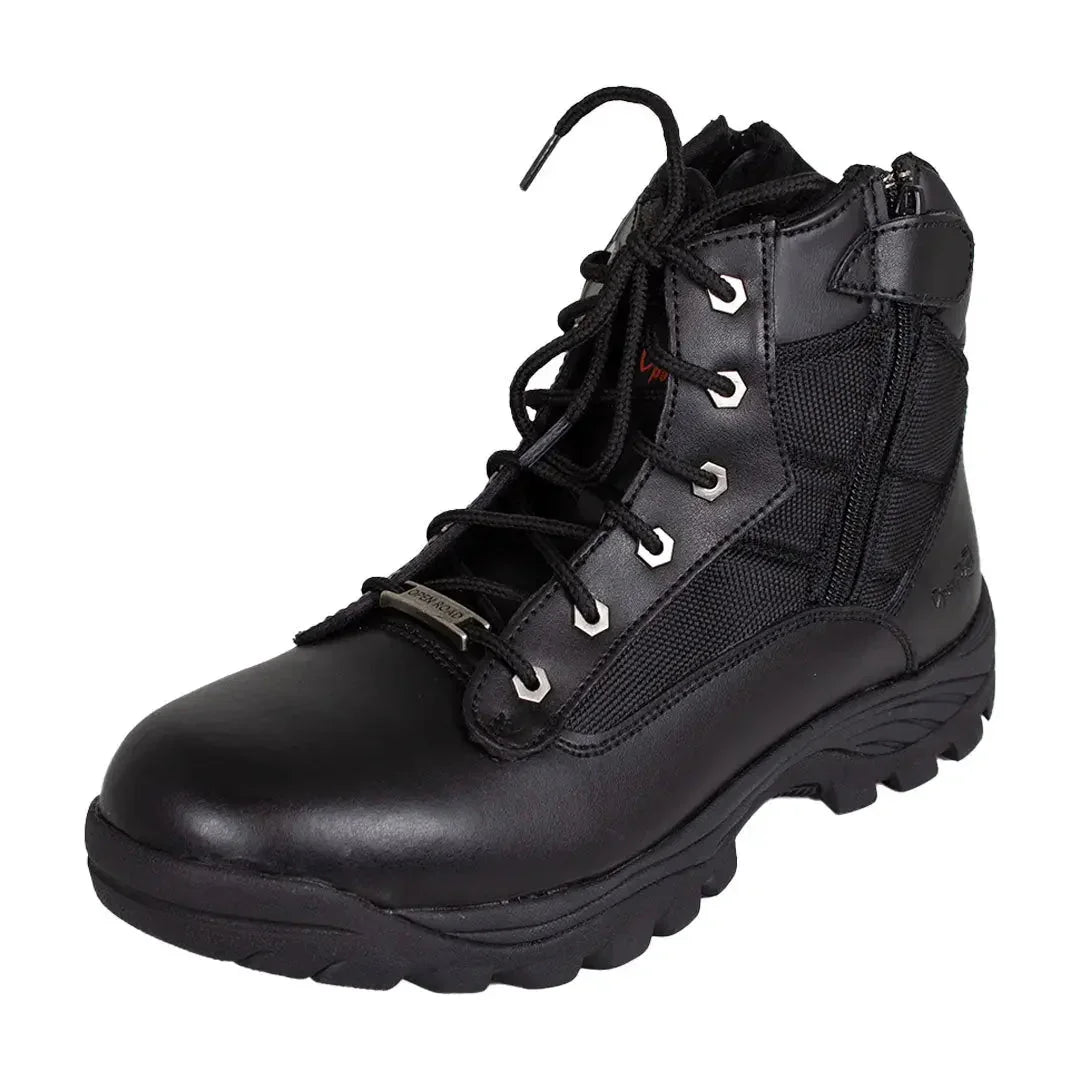 Black leather men's tactical lace-up boot with side zipper and rugged sole