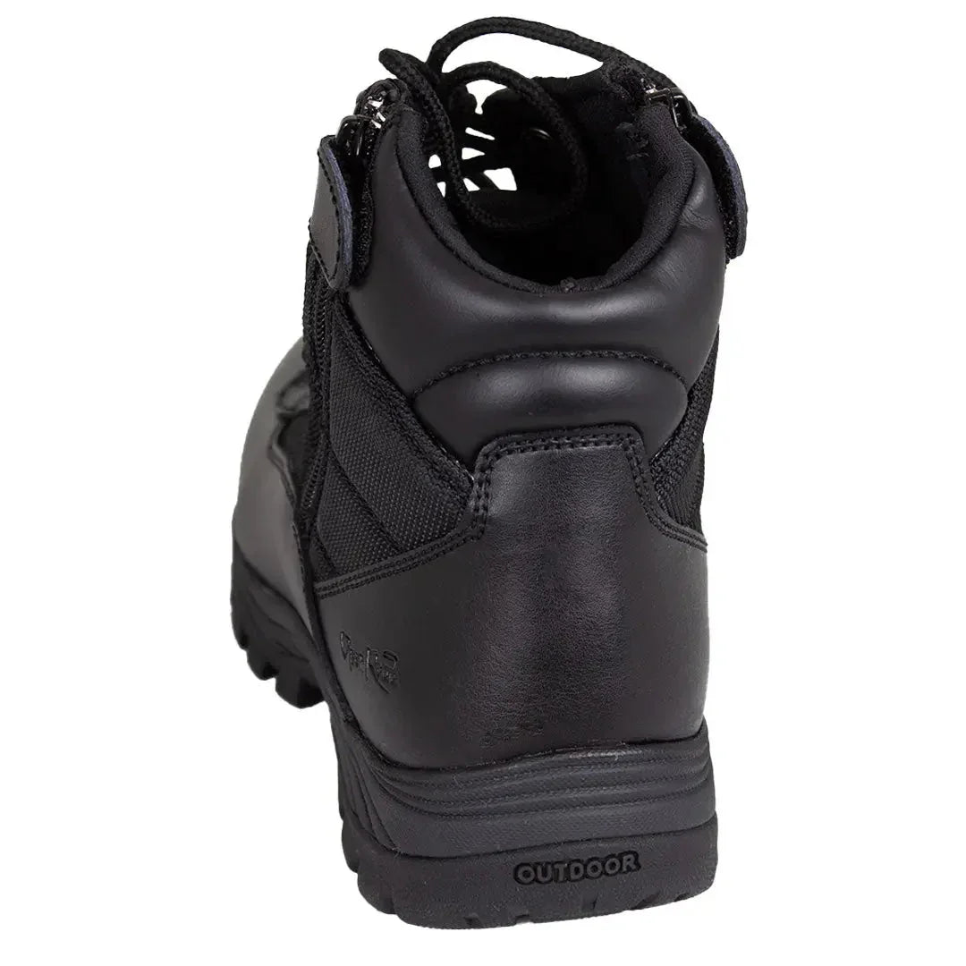 Men's black leather tactical motorcycle boot with lace-up and side zipper, rear view