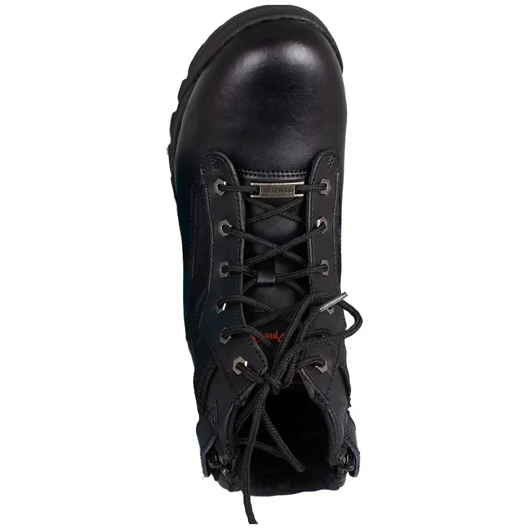 Men's black leather tactical lace-up boot with side zippers, top view on white background