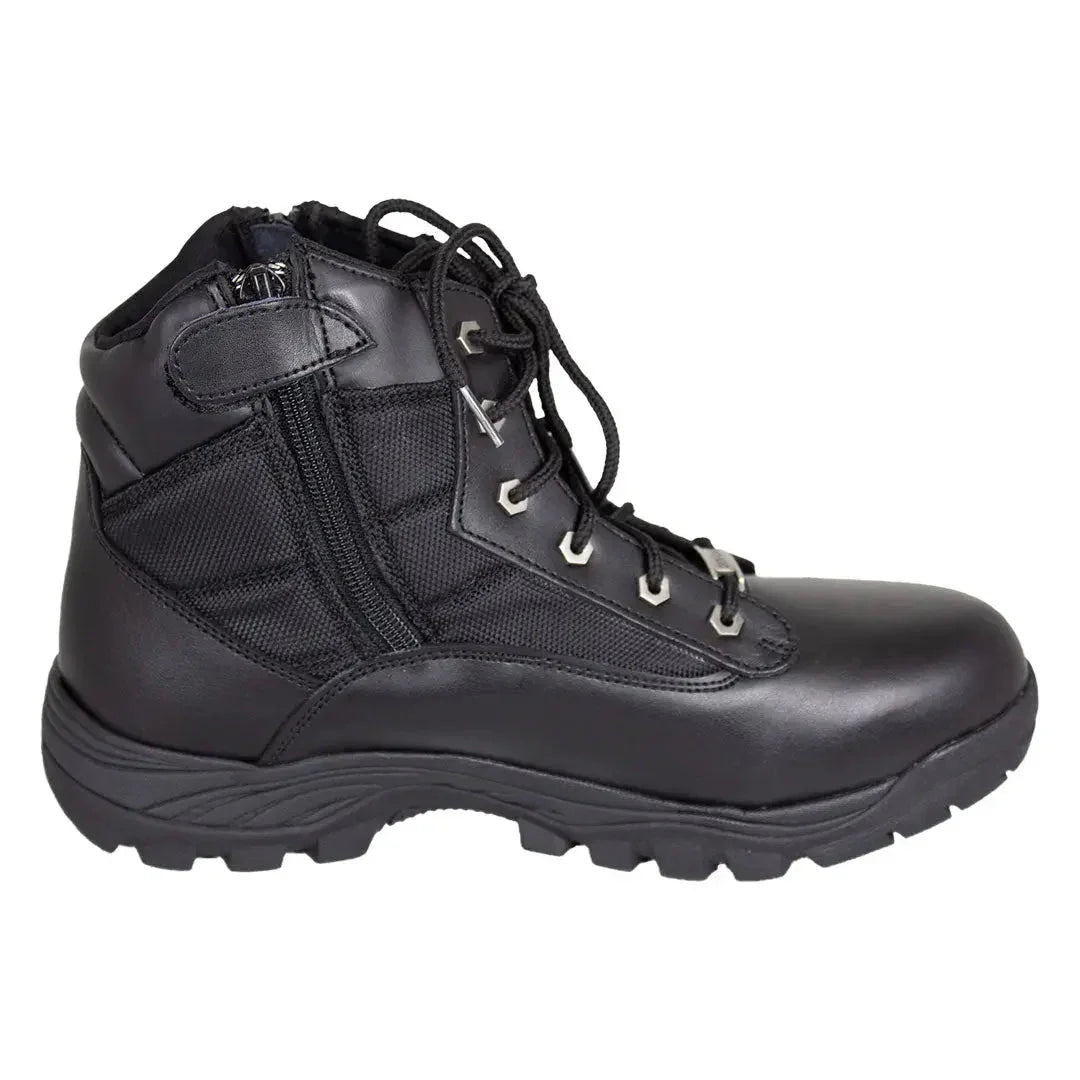Men's black leather tactical lace-up boot with side zipper and rugged sole