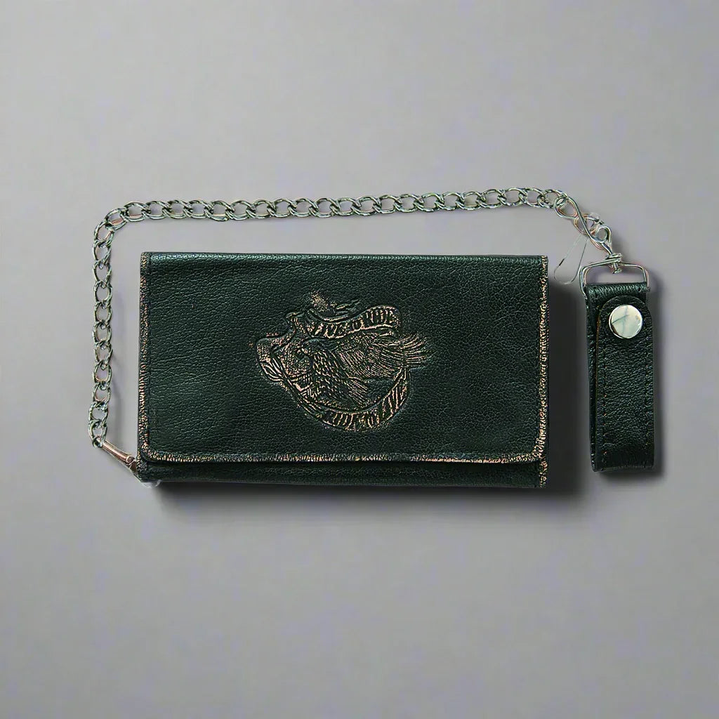 Black leather biker chain wallet with eagle emblem and attached snap strap on gray background