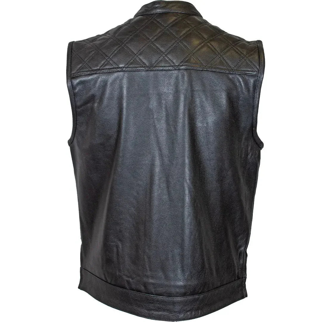 Men's black leather vest with quilted pattern on upper back, plain lower back, sleeveless design