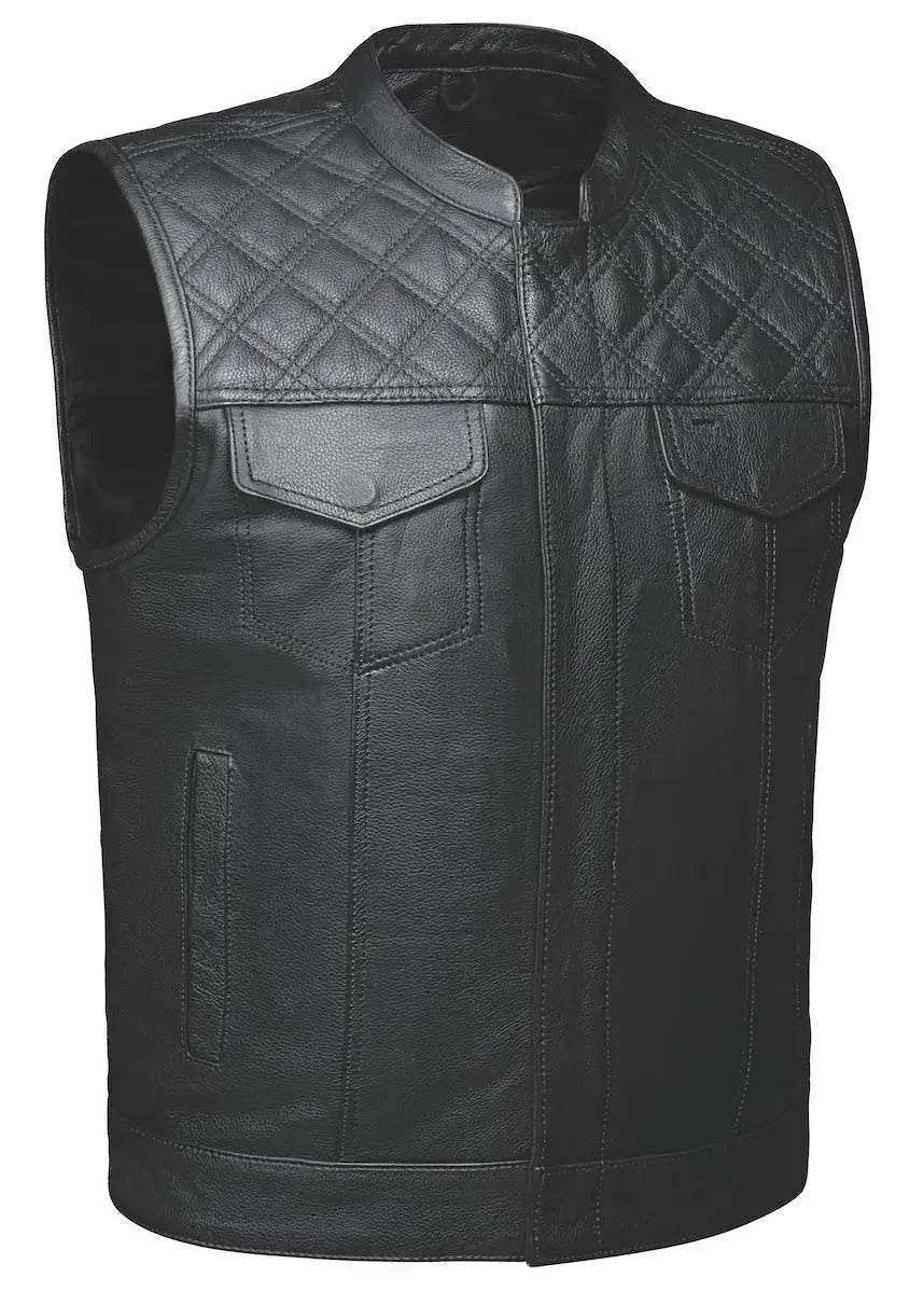 Men's black leather vest with diamond quilted shoulders and front pockets