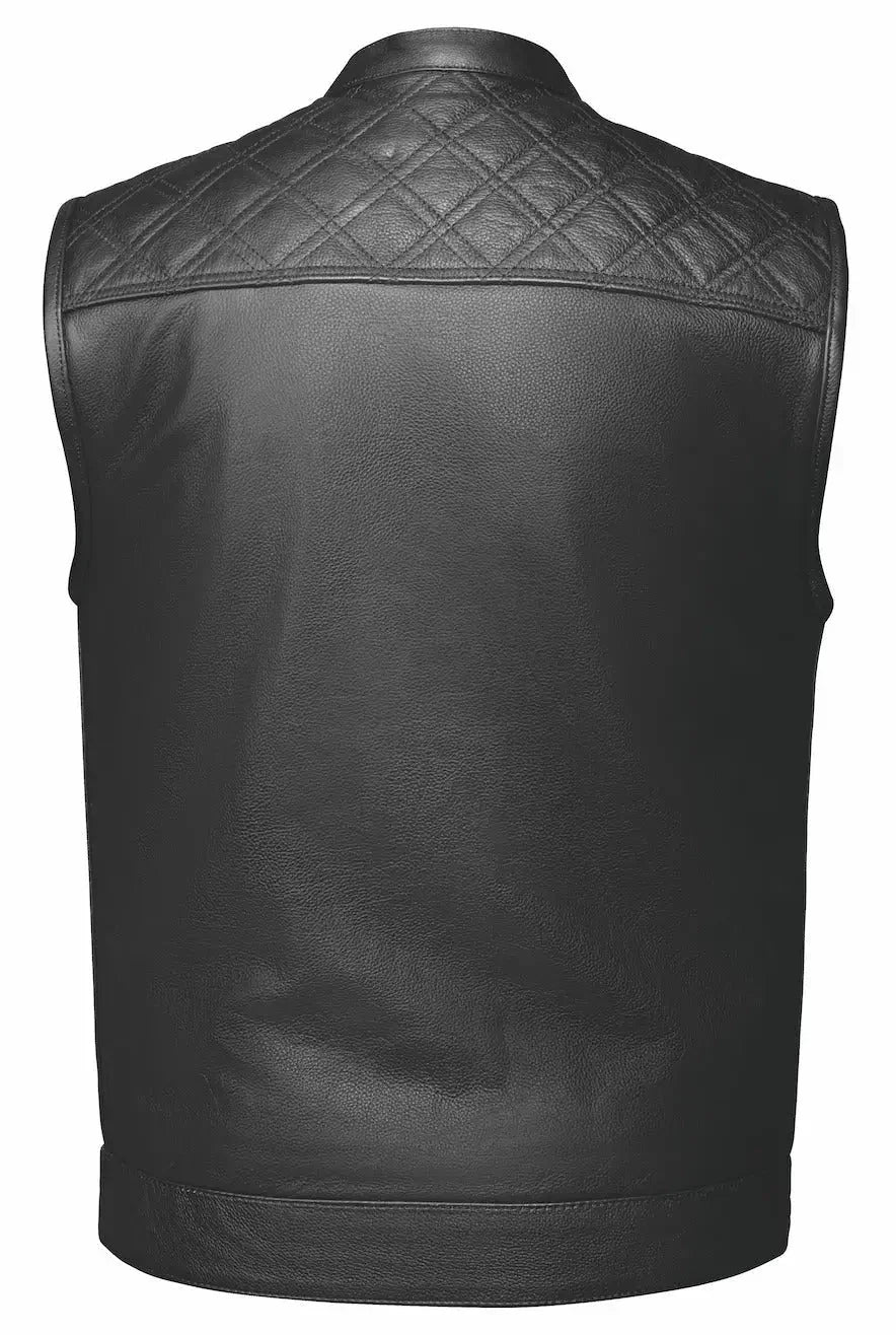 Back view of men's black leather vest with quilted shoulder detail