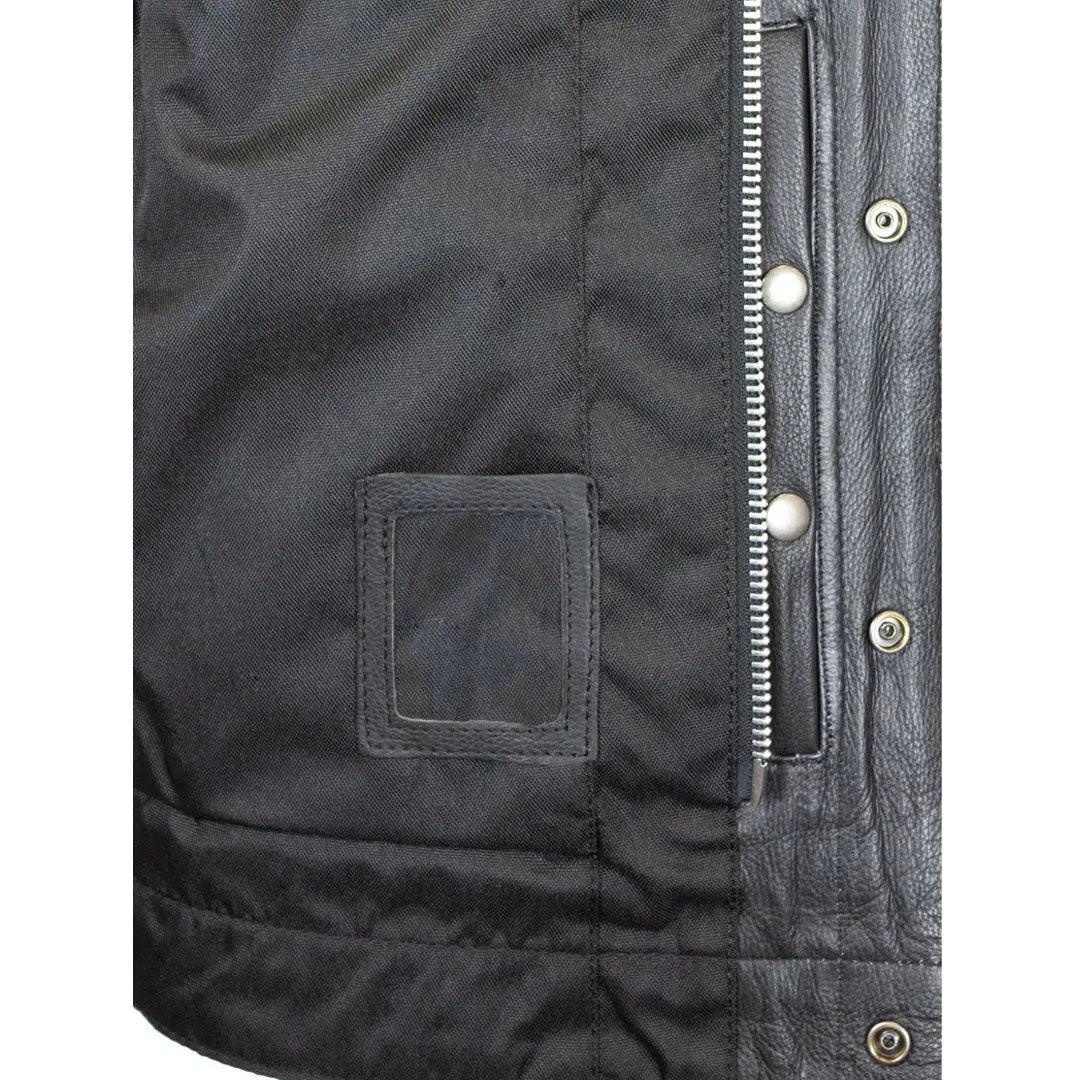 Close-up of black men's leather vest with zipper and snap button details
