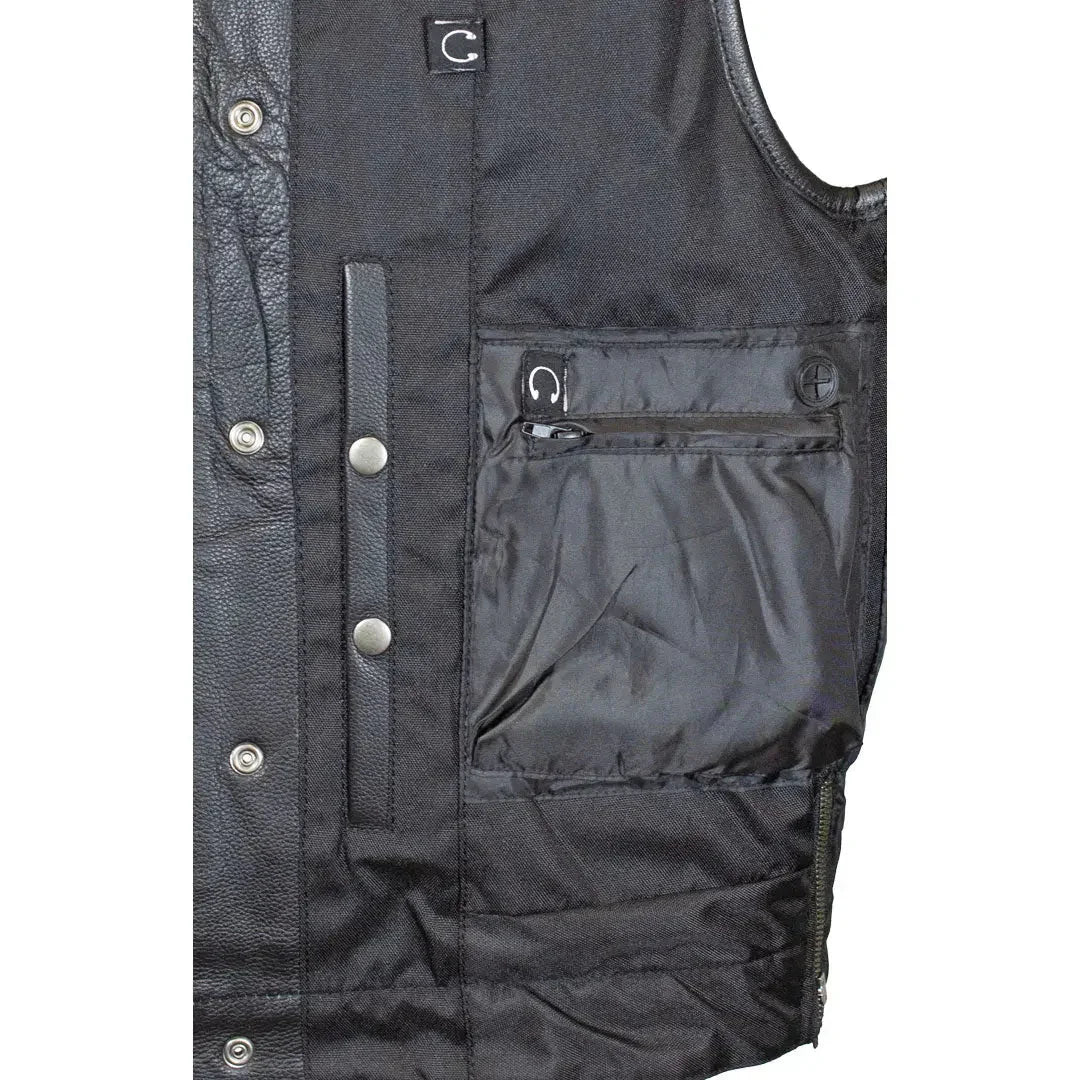 Black men's leather vest with snap buttons and zippered chest pocket