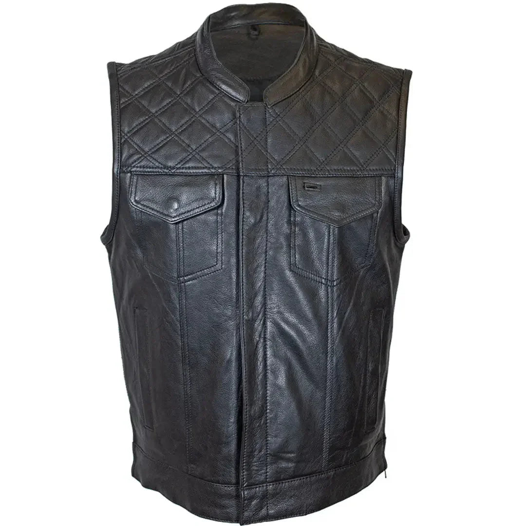 Men's black leather vest with diamond quilted shoulders and front flap pockets