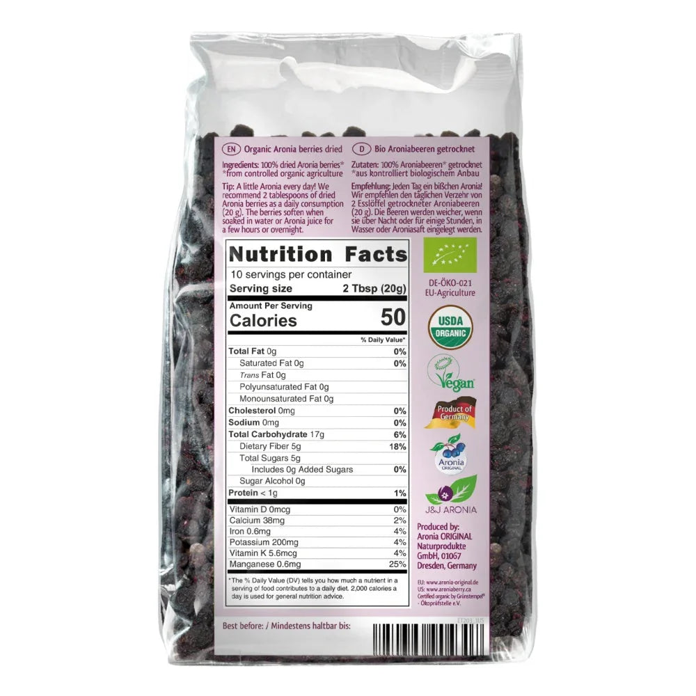 Back of dried aronia berries package with nutrition facts and organic vegan certifications