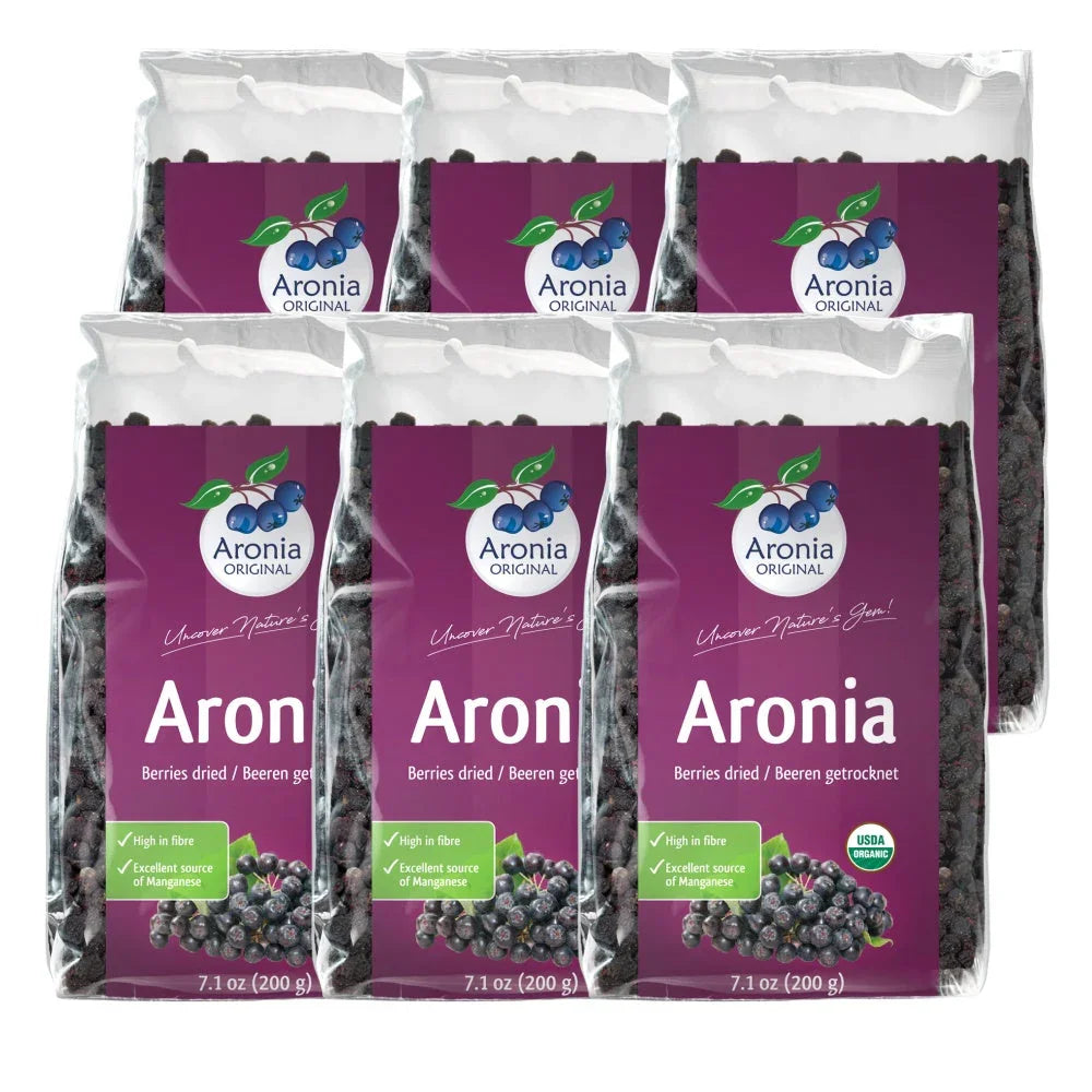 Six packs of Aronia Original dried aronia berries 200g each, purple packaging, USDA organic