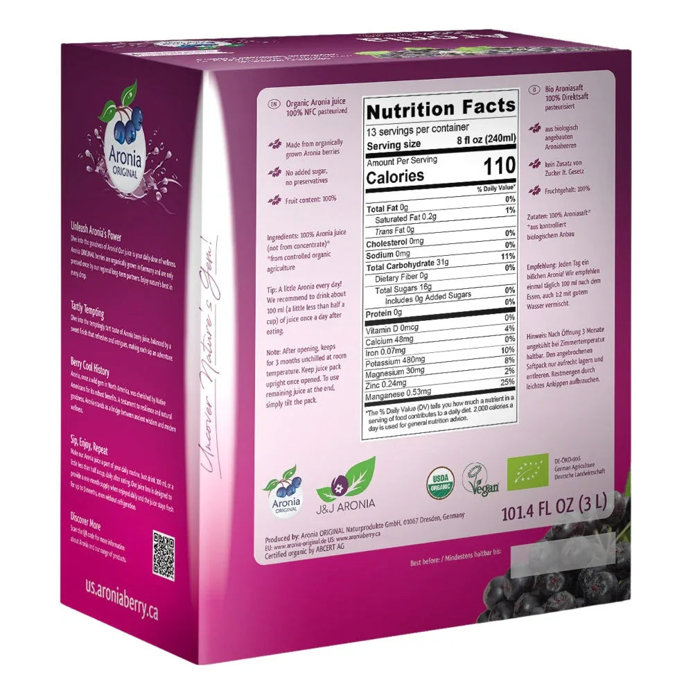 3-liter box of Aronia Original organic aronia juice with nutrition facts and branding