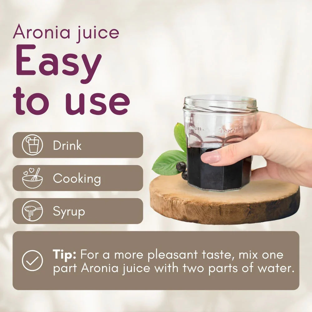 Hand holding glass of Aronia juice on wooden coaster, with usage tips and serving suggestions.