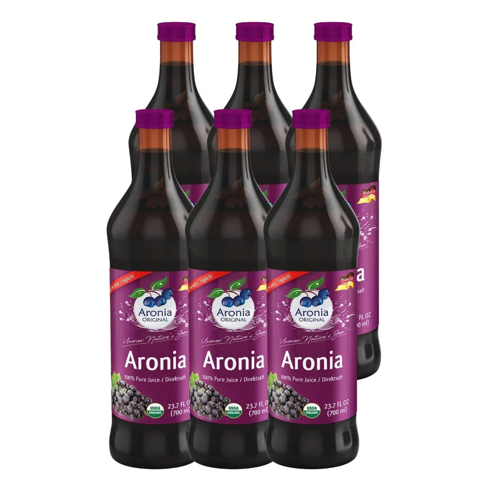 Six bottles of Aronia Original 100% pure aronia juice, 700ml each, with purple labels.