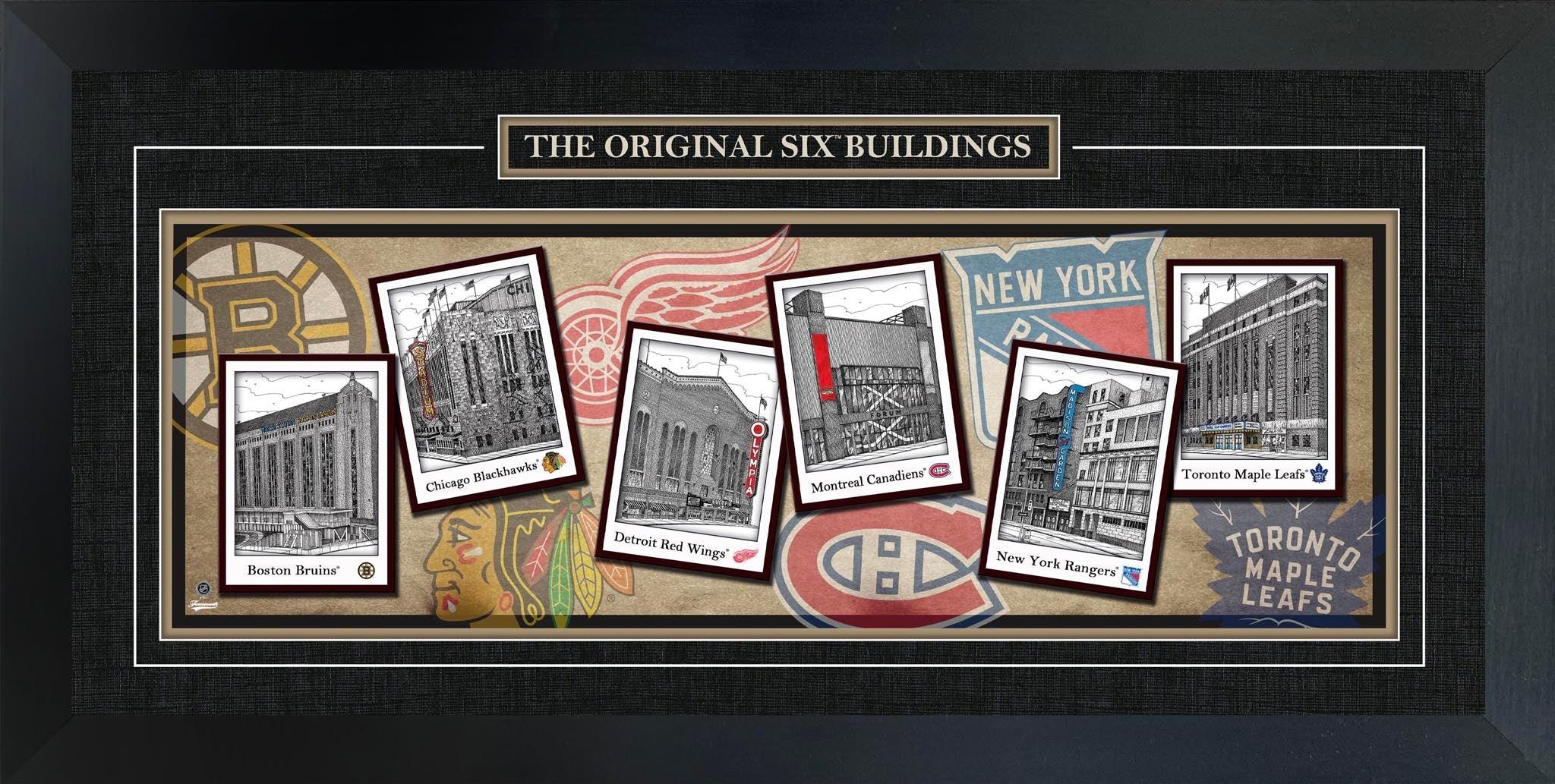 Framed artwork of NHL Original Six hockey team buildings with team logos in background.