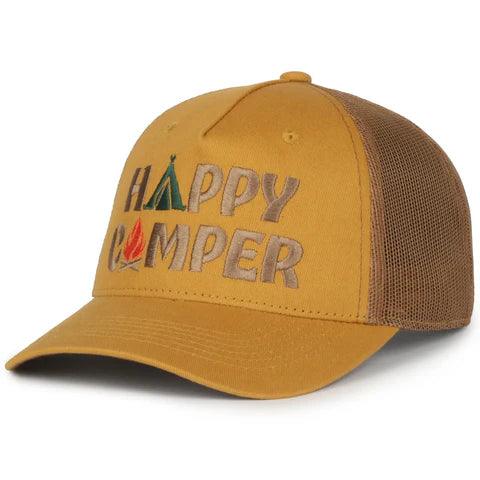 Yellow mesh trucker hat with 'Happy Camper' and camping graphics embroidered on front