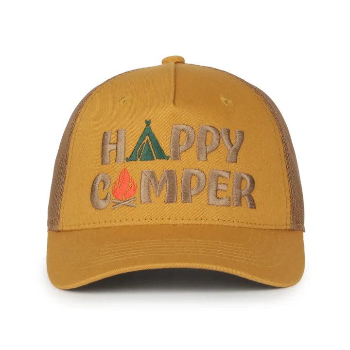 Yellow mesh Happy Camper trucker hat with embroidered tent and campfire design