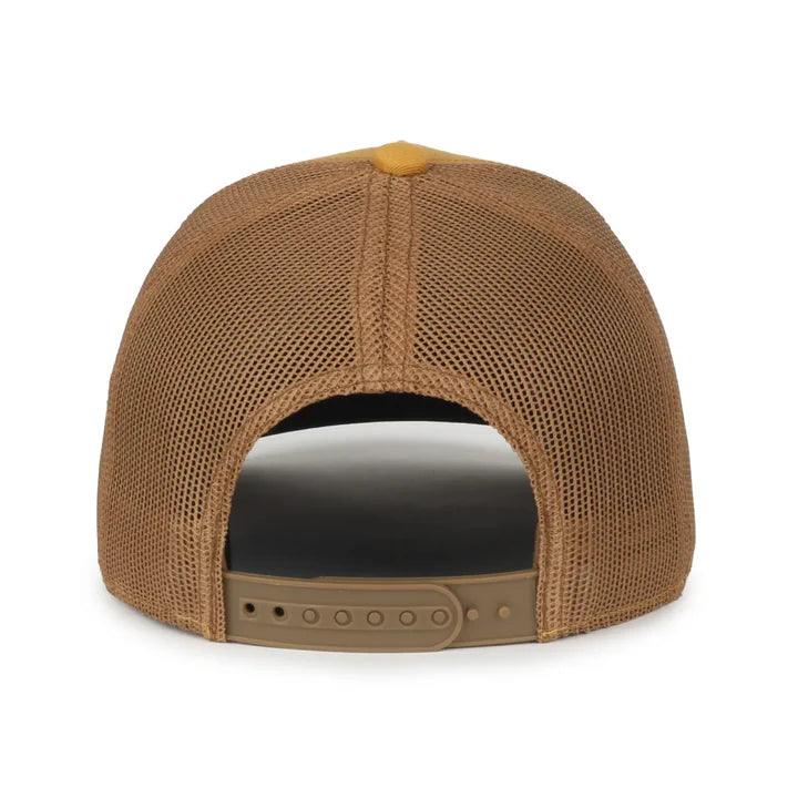 Back of brown mesh trucker hat with adjustable snapback closure