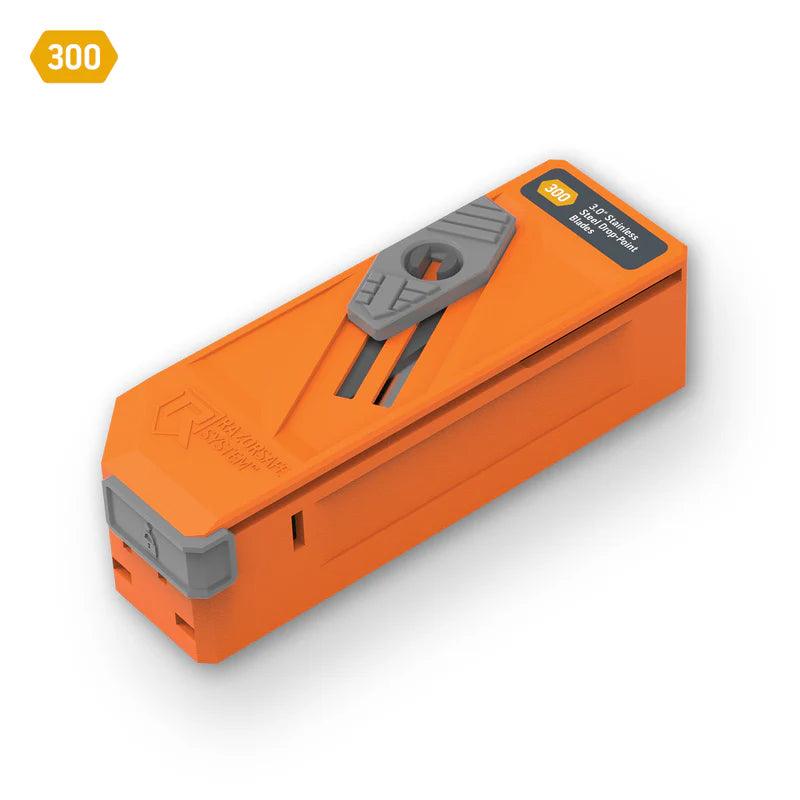 Orange 300-count drop point blade dispenser with gray accents on white background