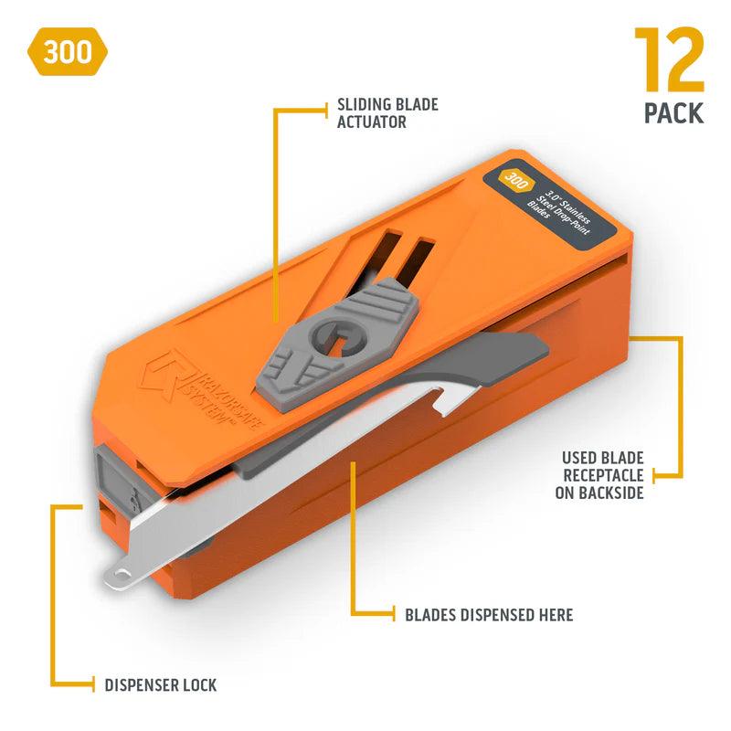 Orange 300-blade drop point blade dispenser with lock, actuator, and labeled features, 12 pack