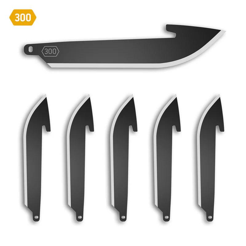Set of five black machete blades with distinctive hooked tips, labeled 300, on white background.