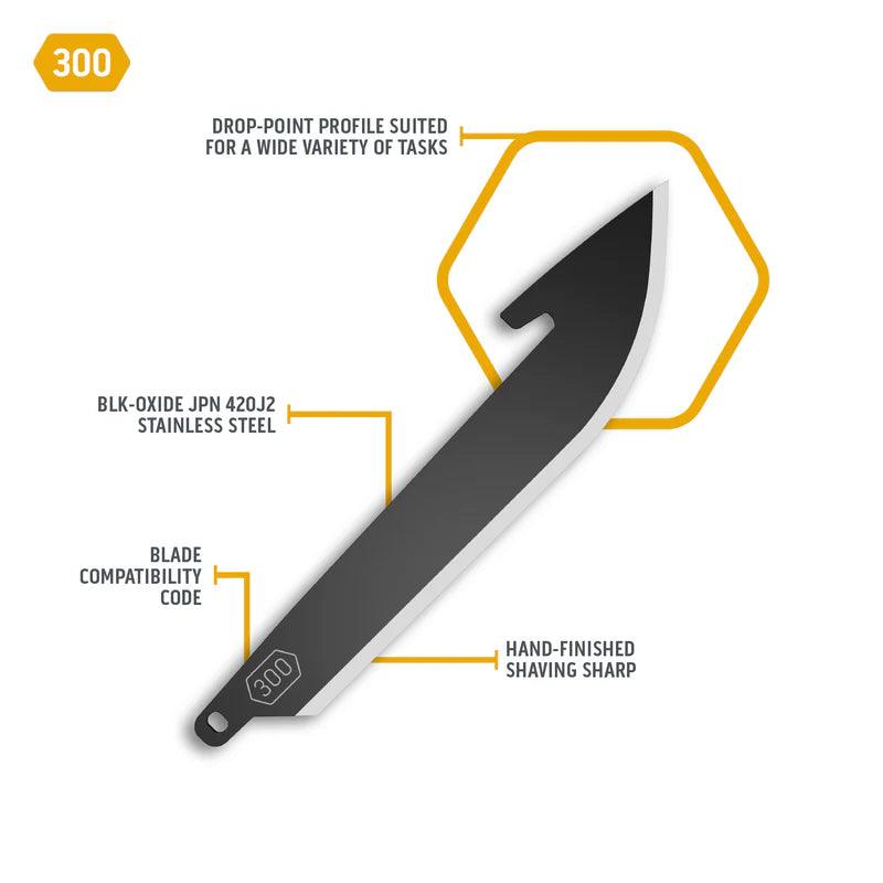 300 drop-point stainless replacement blade infographic, BLK-OXIDE JPN 420J2, sharp edge