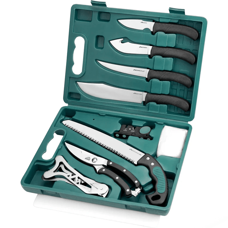 Green hunting knife set with knives, bone saw, shears, and sharpener in a case