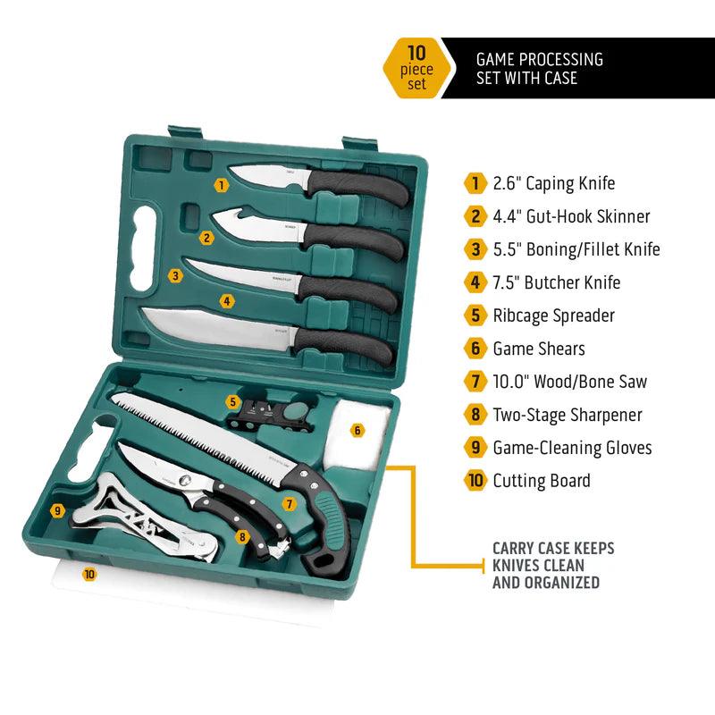 10-piece game processing knife set in green case with labeled tools and accessories