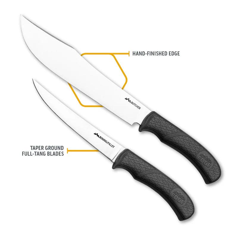 Two kitchen knives with black textured handles, labeled butcher and boning/fillet, showing hand-finished edge and taper ground full-tang blades.