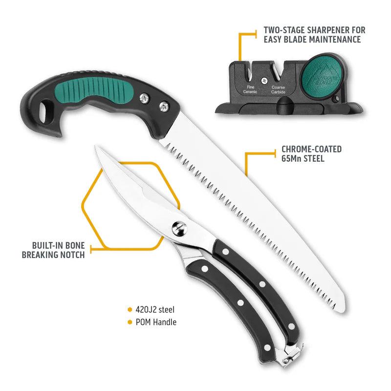 Game processing saw and shears set with bone breaking notch and two-stage sharpener