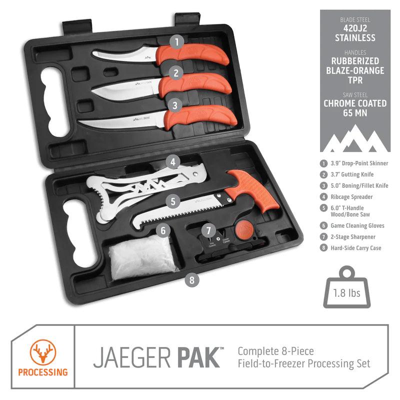 Jaeger PAK 8-piece field-to-freezer processing set with knives, saw, gloves, sharpener in black hard case