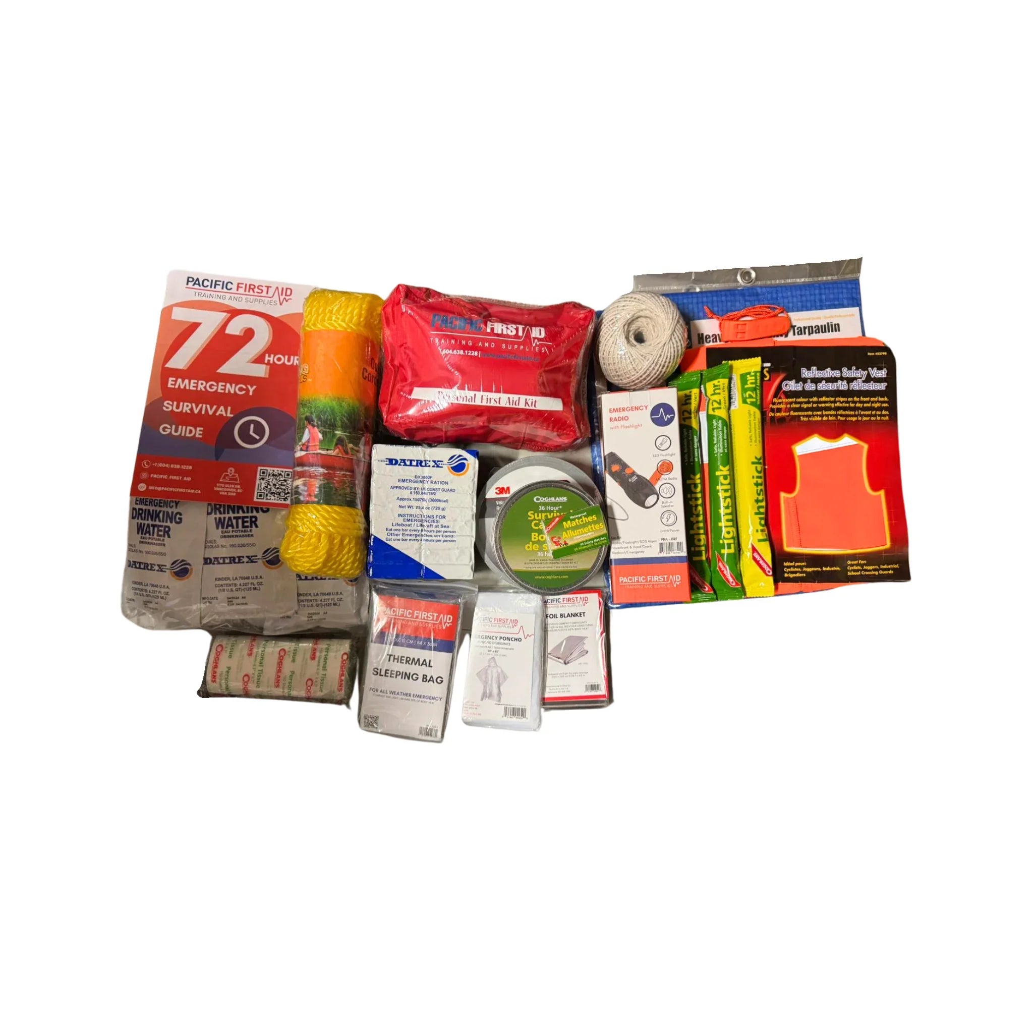 72 hour emergency survival kit with water, first aid, flashlight, rope, blanket, safety vest