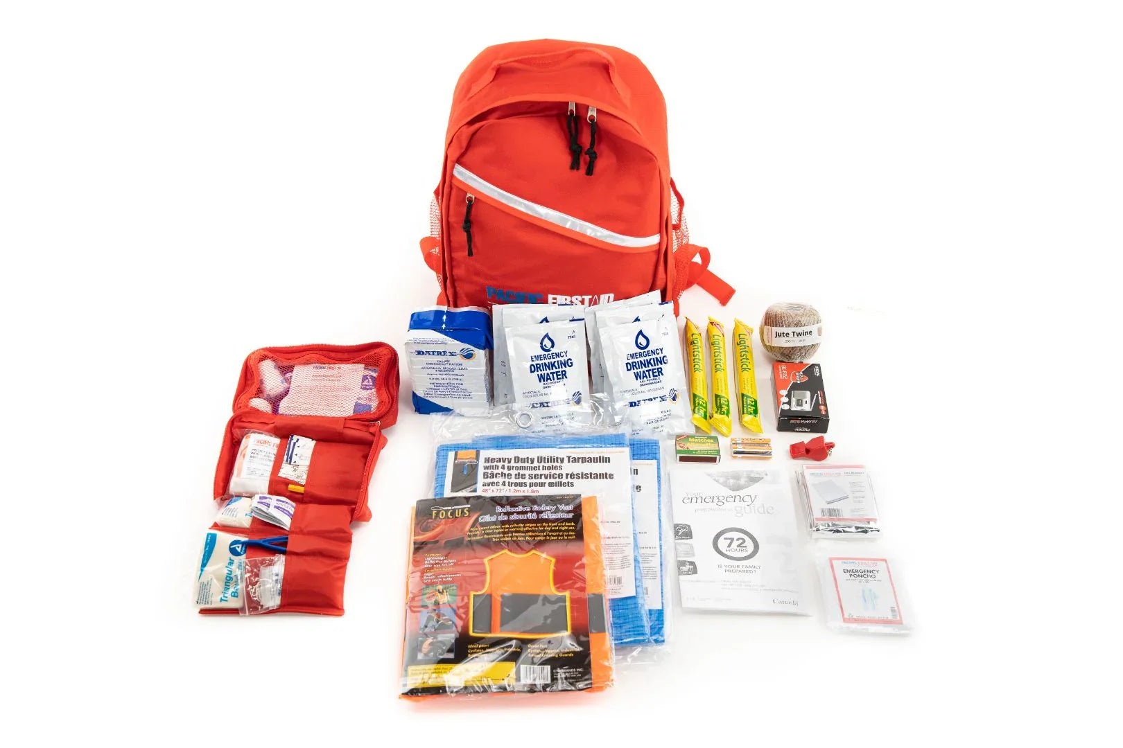 Emergency survival kit with red backpack, first aid kit, water pouches, food bars, and supplies