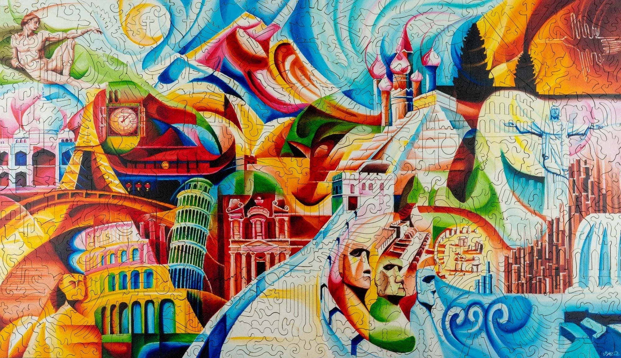 Colorful abstract puzzle of world landmarks including Colosseum, Big Ben, Eiffel Tower, Christ the Redeemer, and Leaning Tower of Pisa.