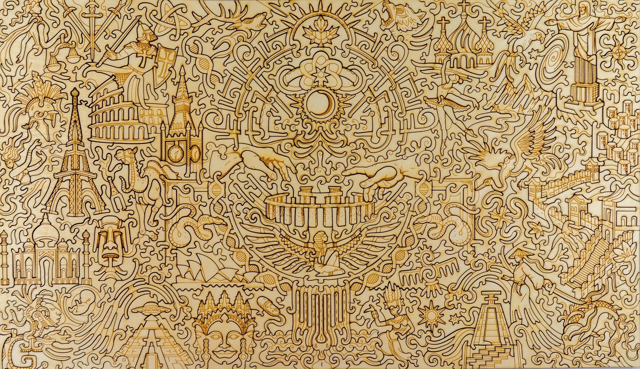 Laser-etched wooden artwork featuring global landmarks, mythological figures, and intricate line art