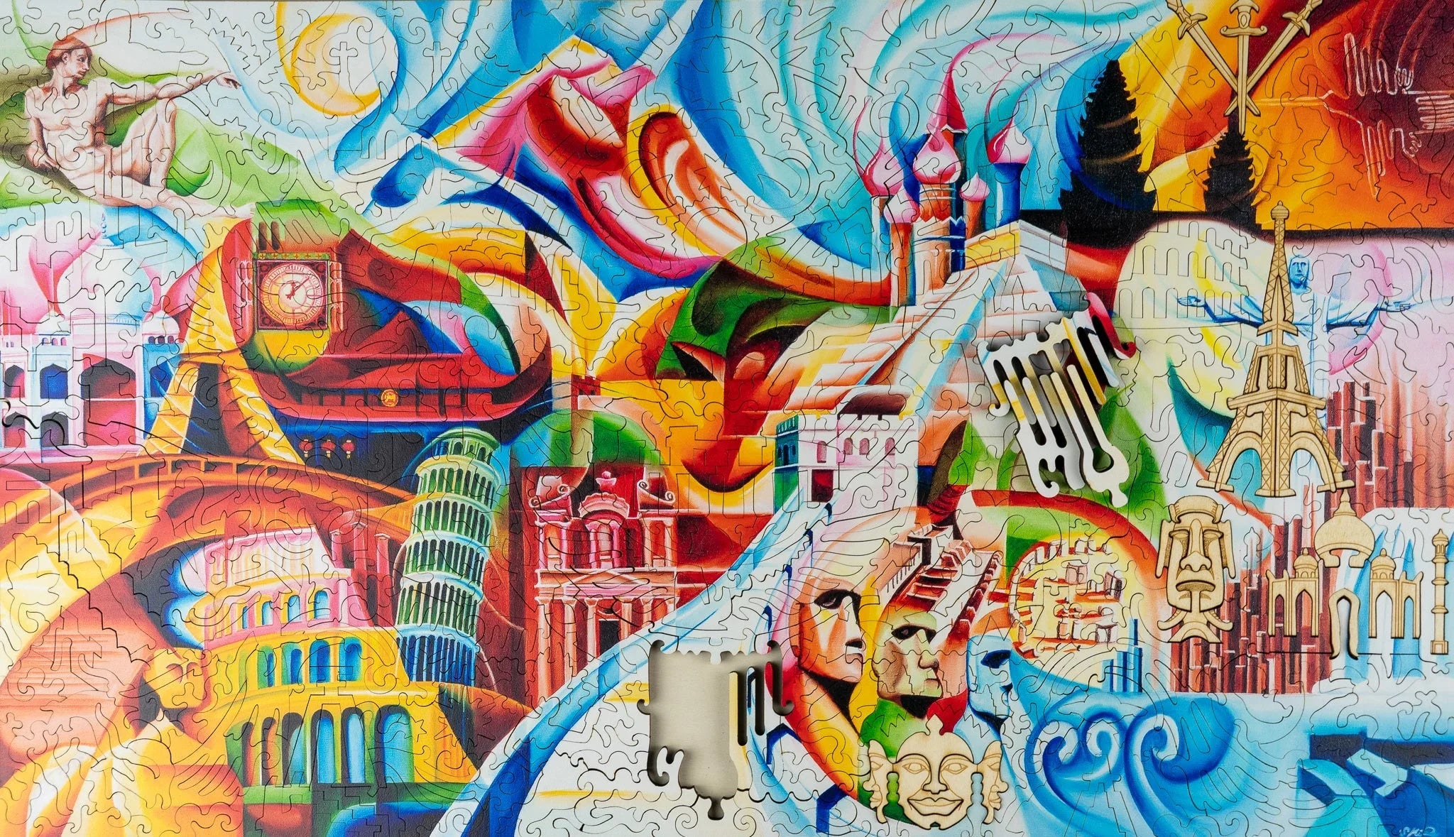 Colorful jigsaw puzzle featuring famous world landmarks and artistic swirls