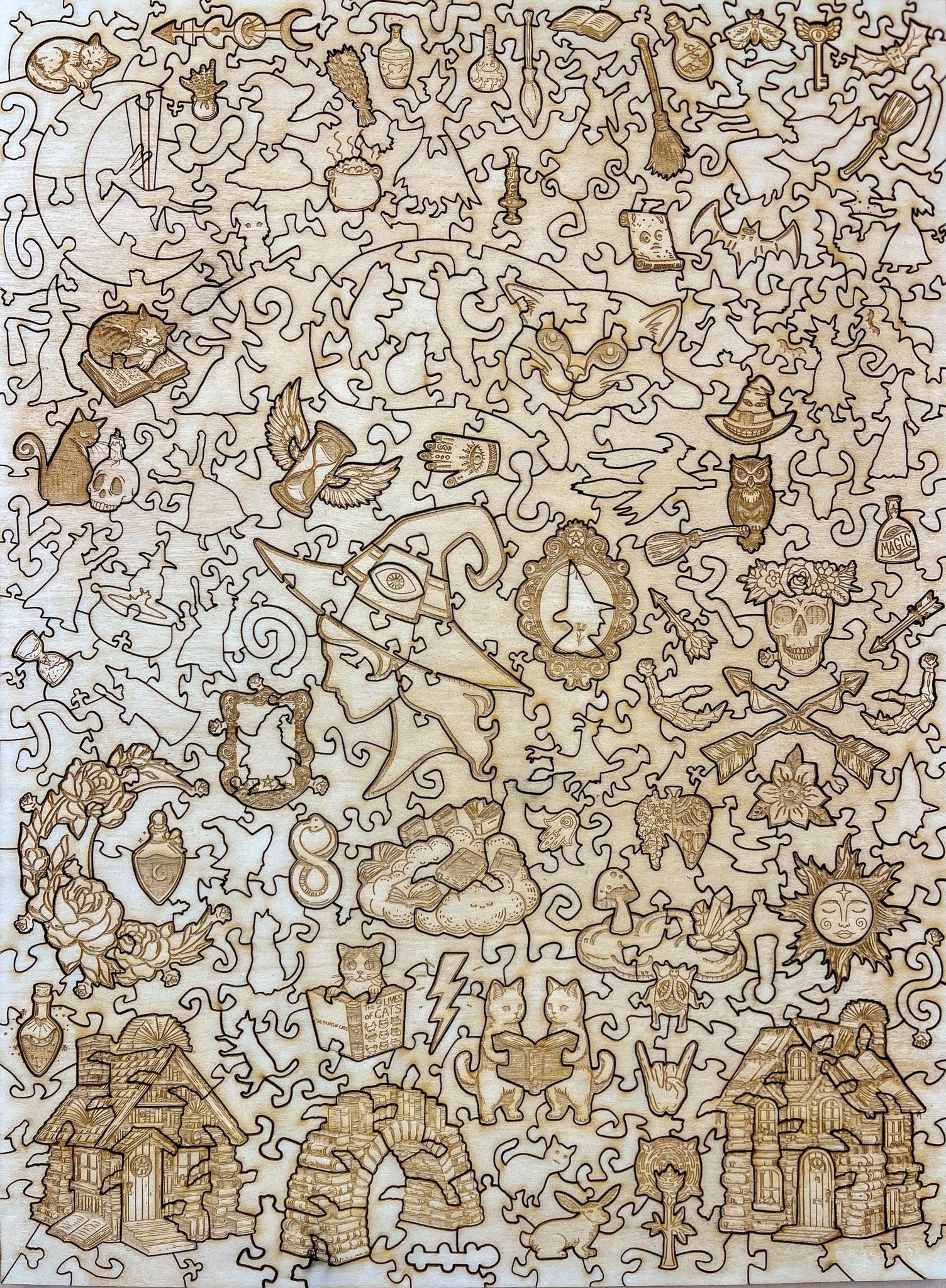 Laser-cut wooden witch-themed puzzle with cats, potions, magic symbols, and whimsical designs