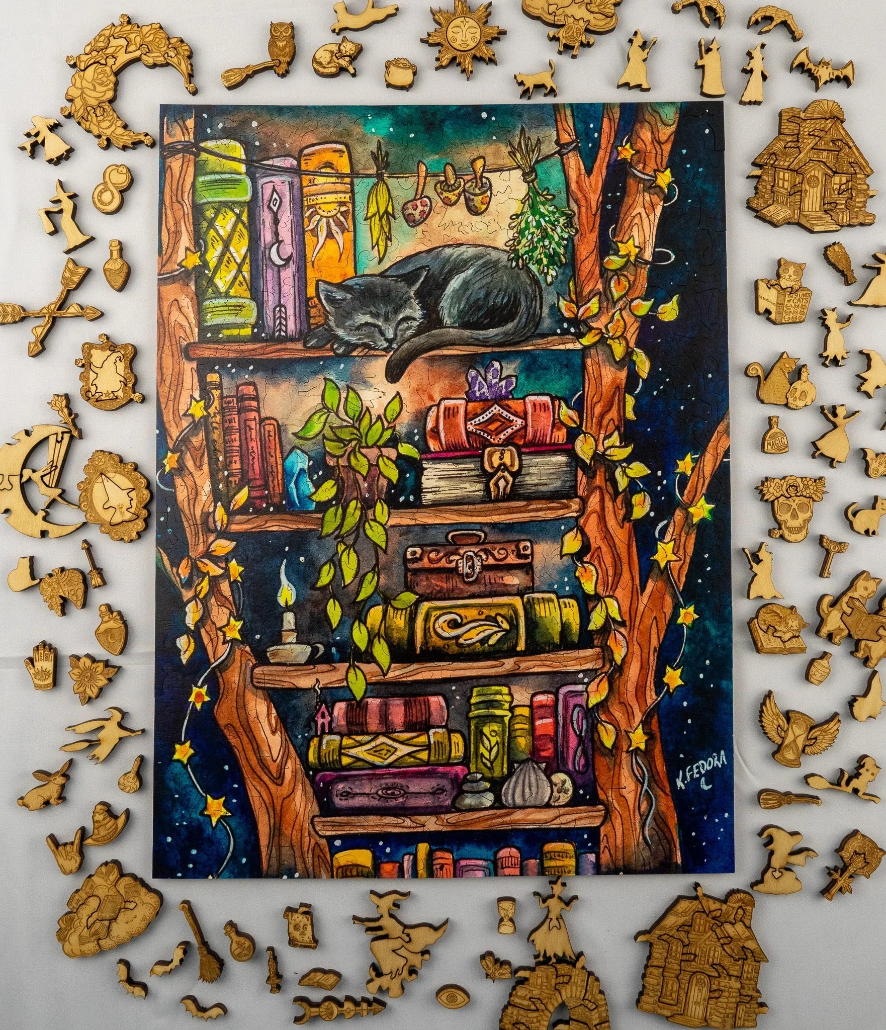 Colorful bookshelf illustration with a sleeping cat, surrounded by wooden puzzle pieces