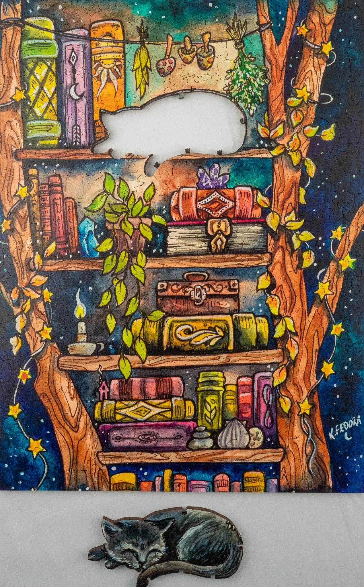 Colorful bookshelf puzzle with cat-shaped piece, books, plants and hanging herbs